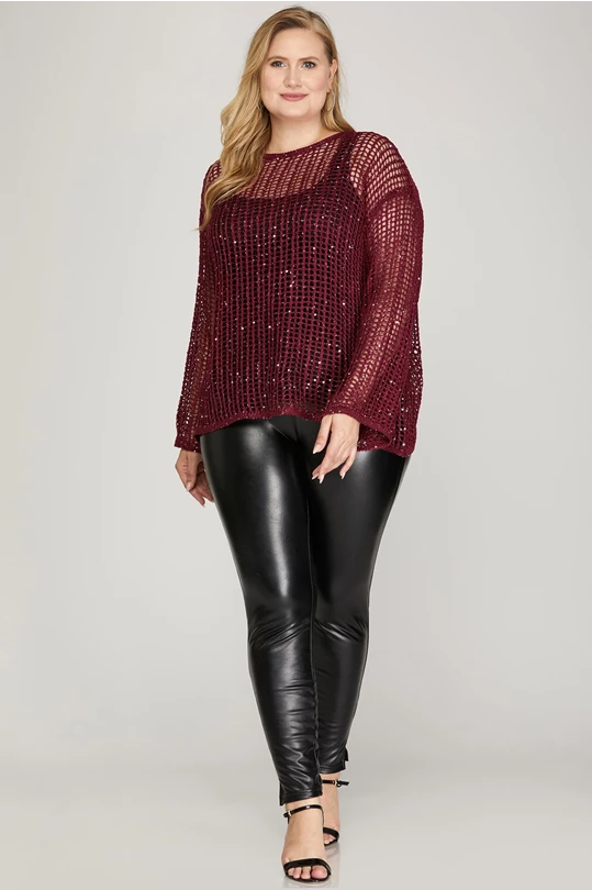 Tessa Fish-net Sequin Sweater Top, Wine-Short Sleeve Tops-Inspired by Justeen-Women's Clothing Boutique in Chicago, Illinois
