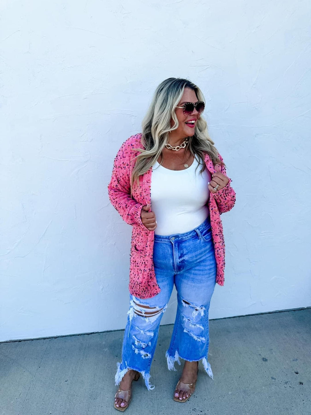 Blakeley Miley Confetti Dot Cardigan, Bubble Pink-Cardigans + Kimonos-Inspired by Justeen-Women's Clothing Boutique in Chicago, Illinois