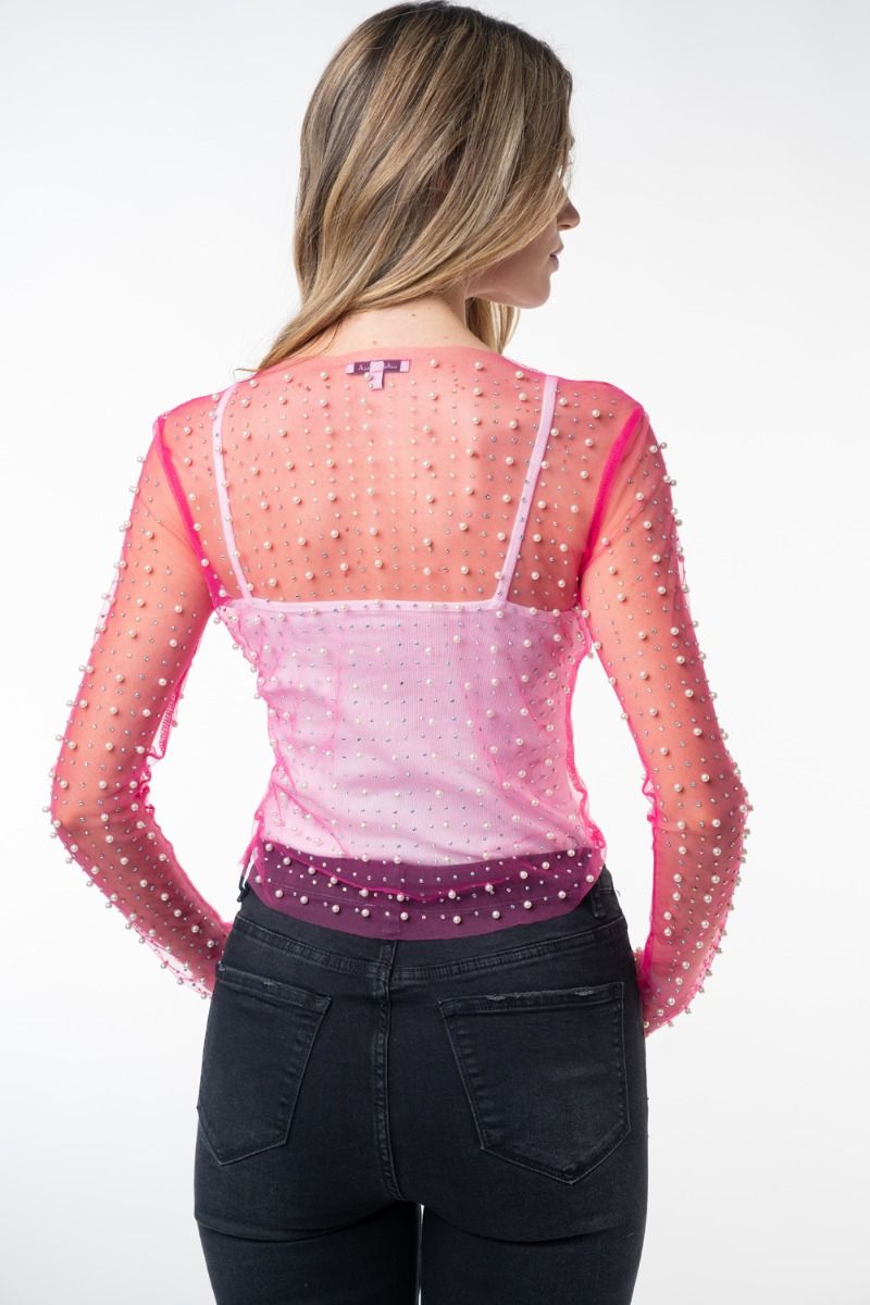 Pearl Beaded Mesh Top, Barbie Pink-Long Sleeve Tops-Inspired by Justeen-Women's Clothing Boutique in Chicago, Illinois