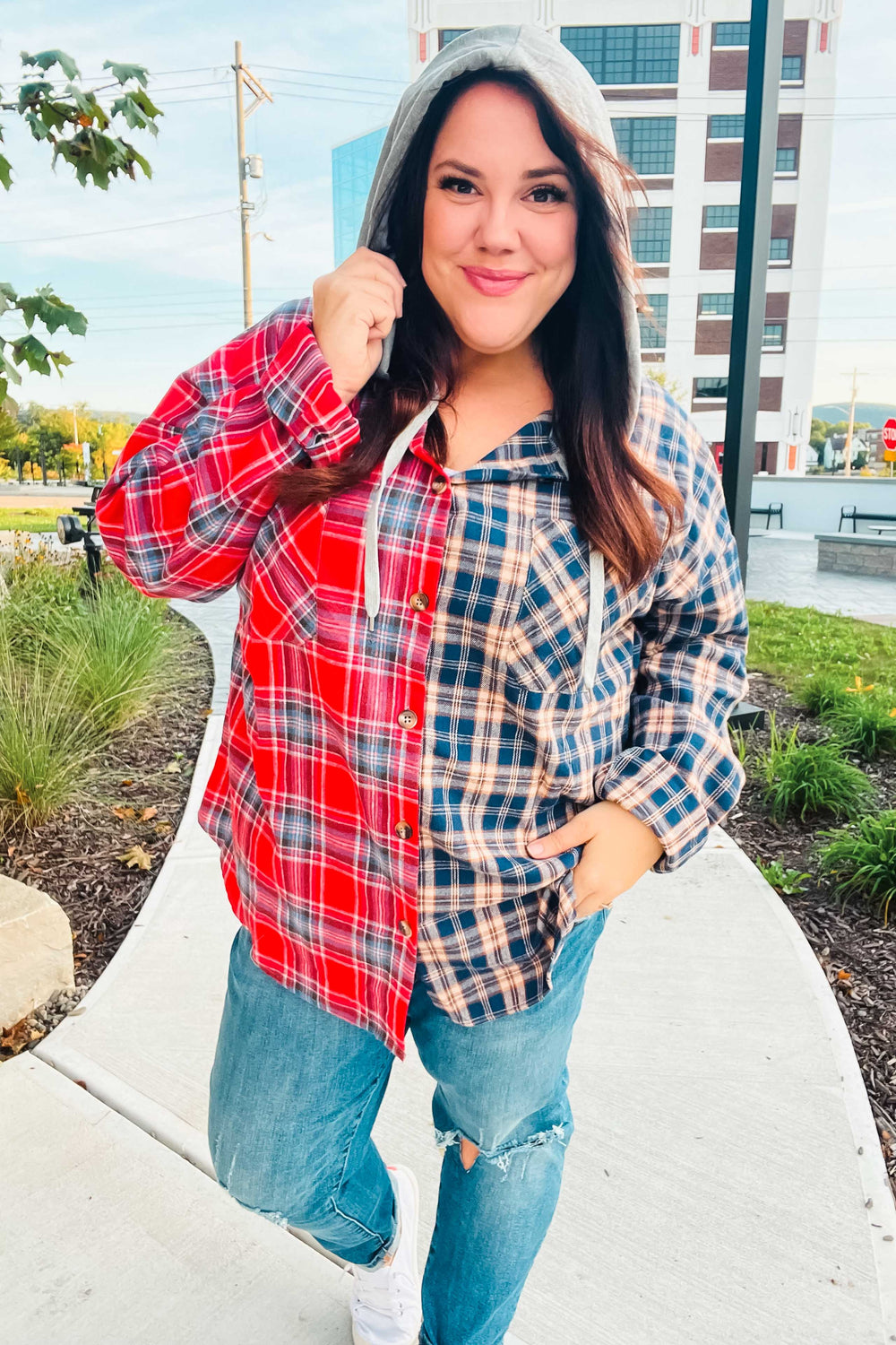 Main Attraction Red & Navy Plaid Color Block Button Down Hoodie-Inspired by Justeen-Women's Clothing Boutique