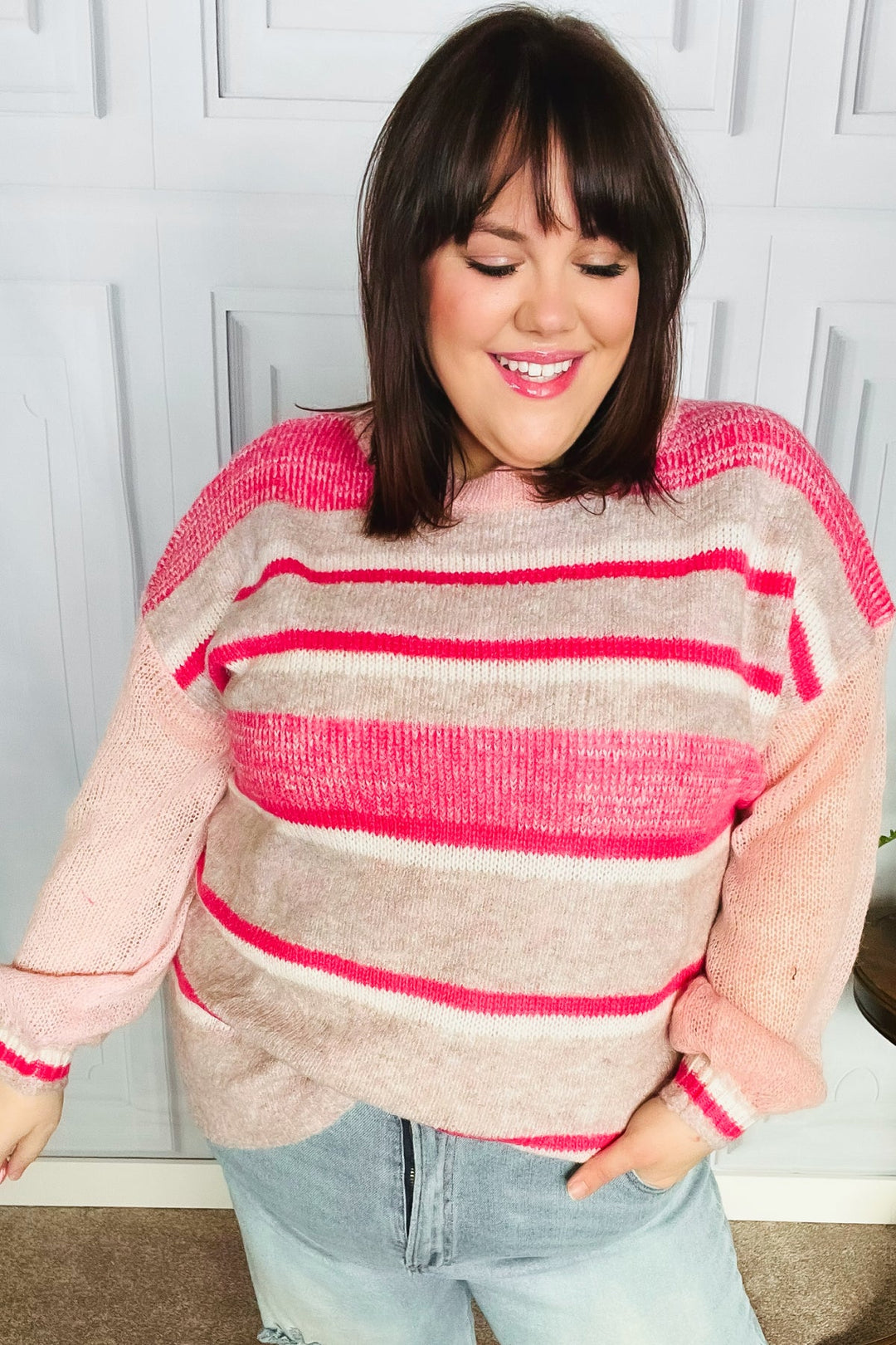 On The Chase Pink & Coral Striped Knit Sweater-Inspired by Justeen-Women's Clothing Boutique in Chicago, Illinois