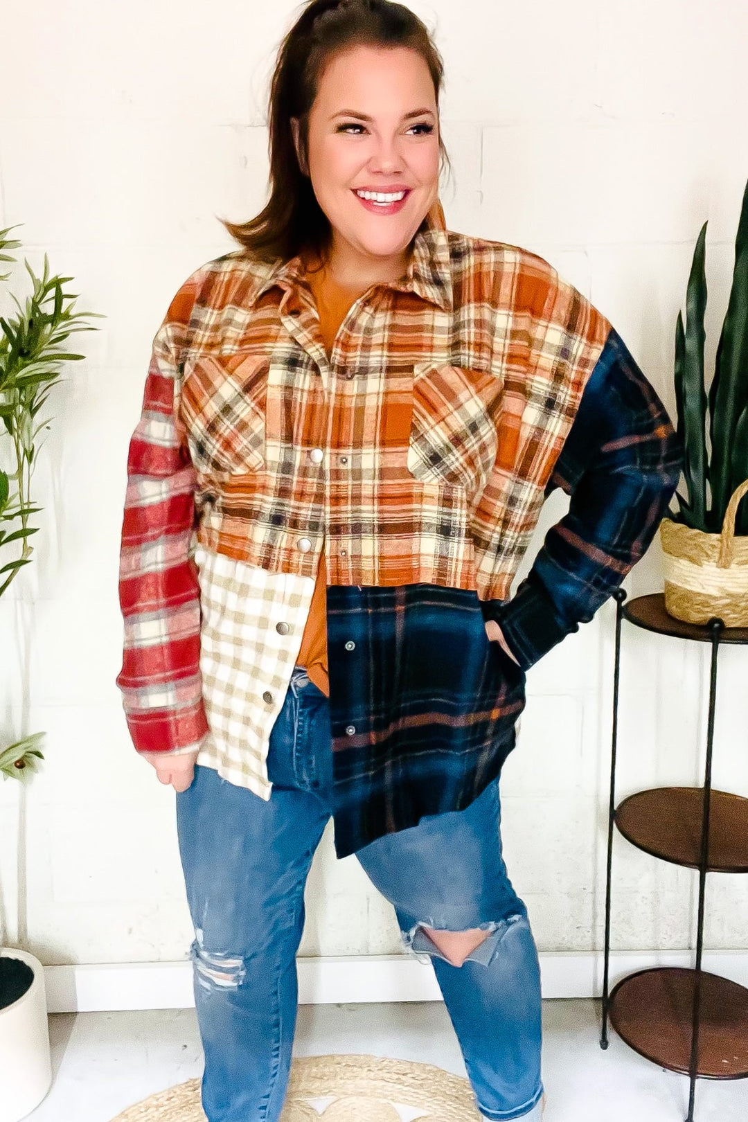 Catch Glances Muticolor Plaid Color Block Snap Button Shacket-Inspired by Justeen-Women's Clothing Boutique