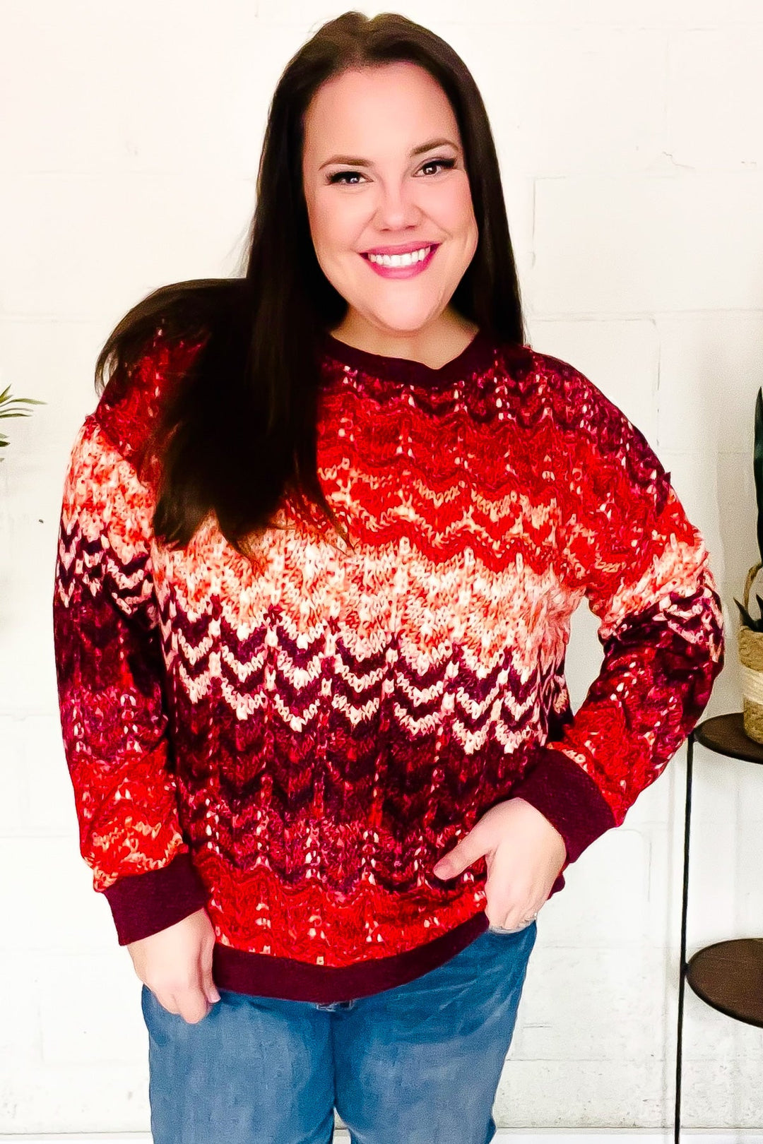 Holiday Vibes Wine Cable Knit Print Hacci Knit Sweater-Inspired by Justeen-Women's Clothing Boutique