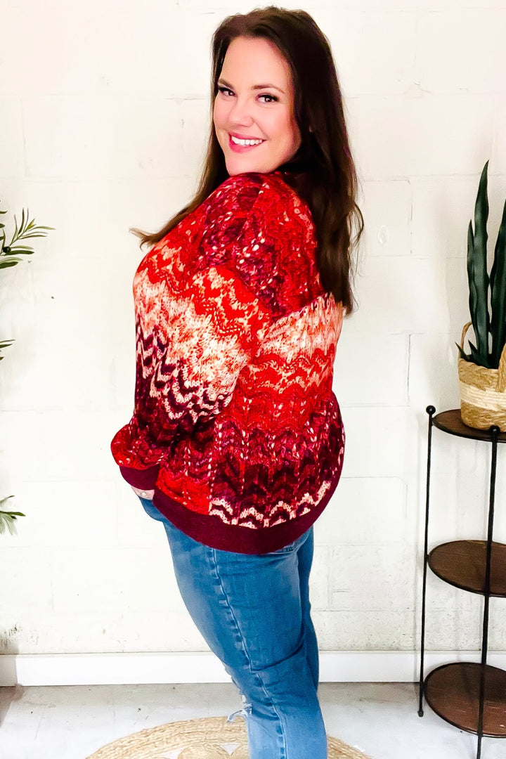 Holiday Vibes Wine Cable Knit Print Hacci Knit Sweater-Inspired by Justeen-Women's Clothing Boutique