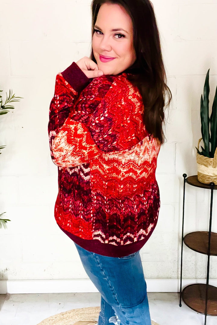 Holiday Vibes Wine Cable Knit Print Hacci Knit Sweater-Inspired by Justeen-Women's Clothing Boutique