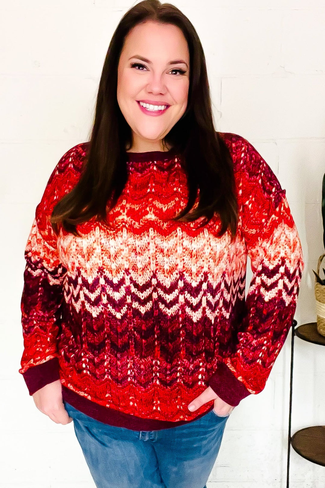 Holiday Vibes Wine Cable Knit Print Hacci Knit Sweater-Inspired by Justeen-Women's Clothing Boutique