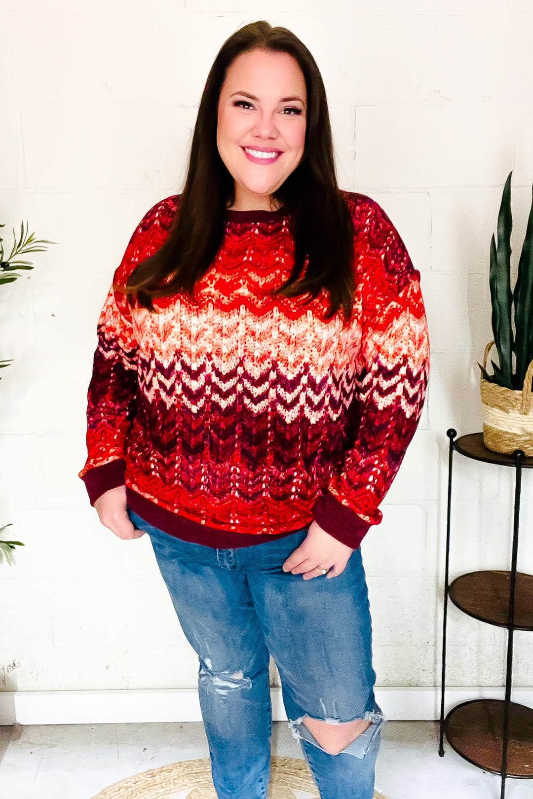 Holiday Vibes Wine Cable Knit Print Hacci Knit Sweater-Inspired by Justeen-Women's Clothing Boutique