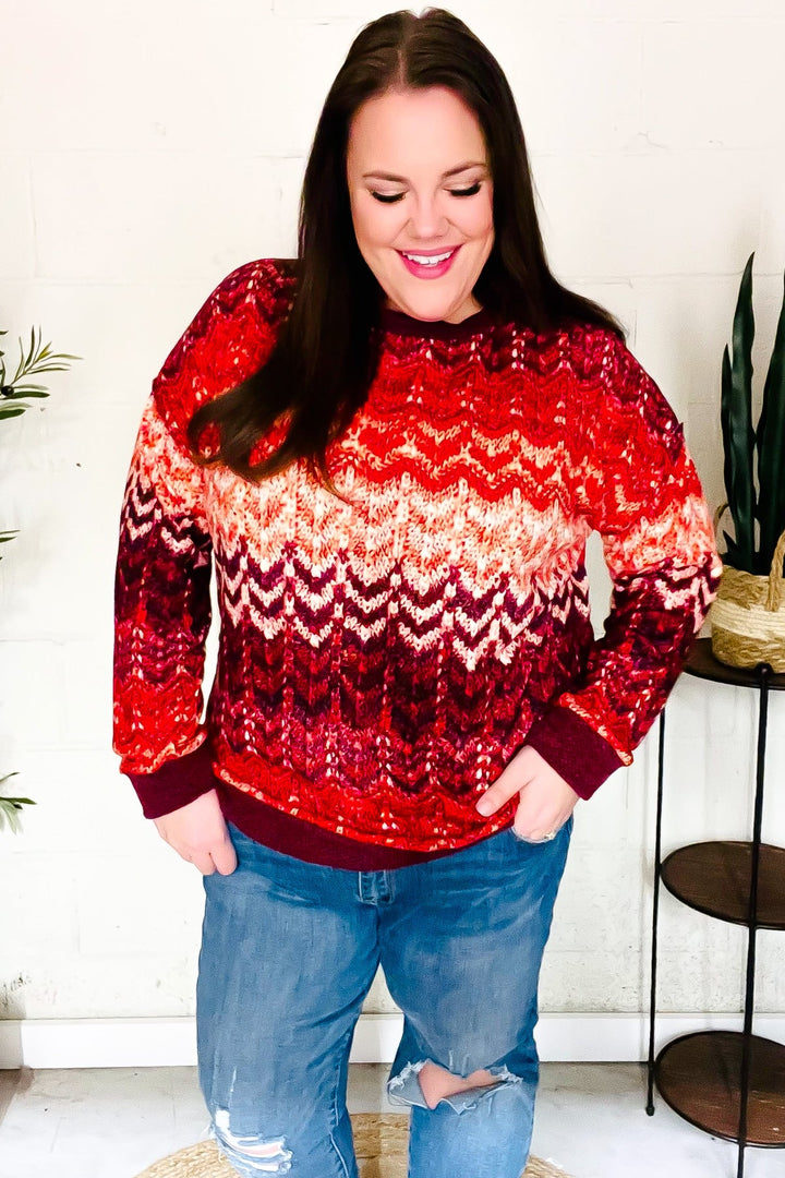 Holiday Vibes Wine Cable Knit Print Hacci Knit Sweater-Inspired by Justeen-Women's Clothing Boutique