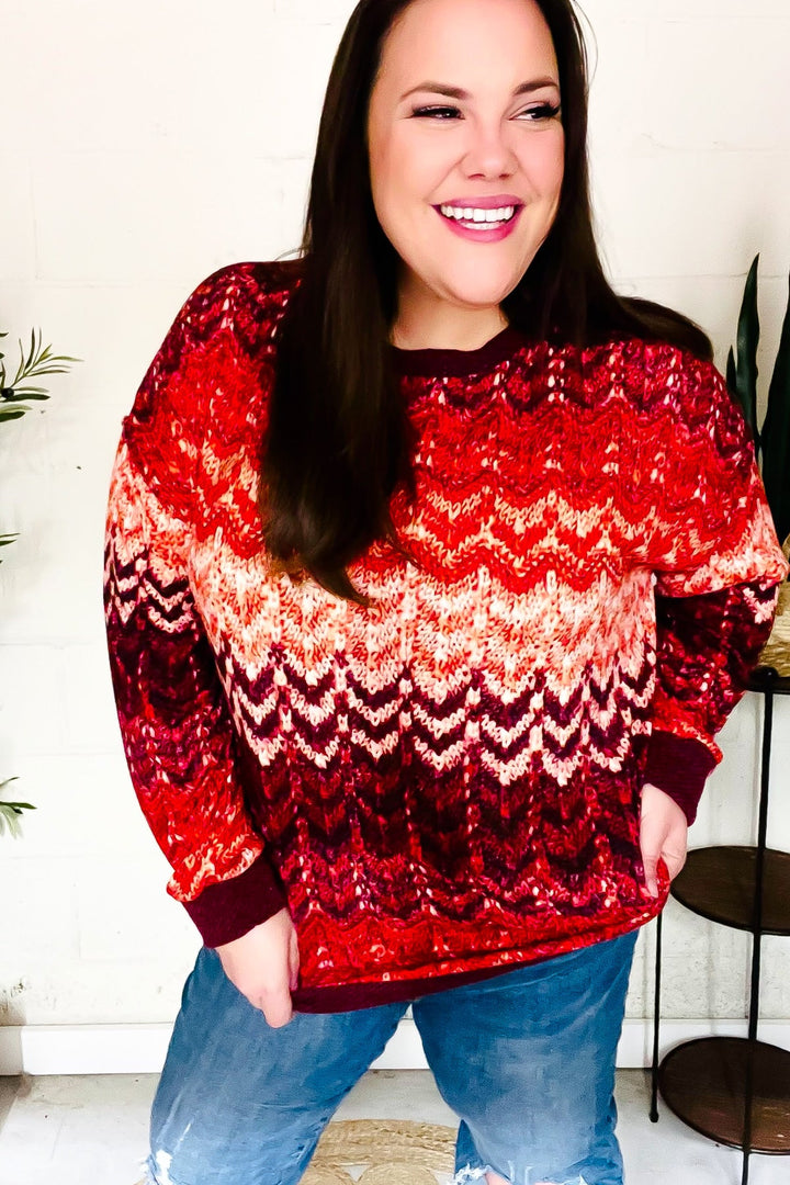 Holiday Vibes Wine Cable Knit Print Hacci Knit Sweater-Inspired by Justeen-Women's Clothing Boutique