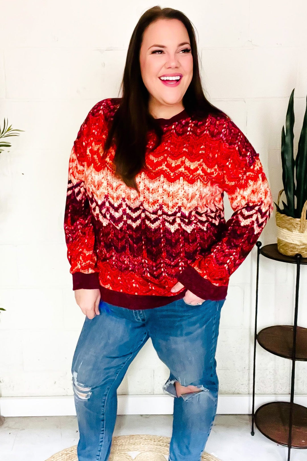 Holiday Vibes Wine Cable Knit Print Hacci Knit Sweater-Inspired by Justeen-Women's Clothing Boutique