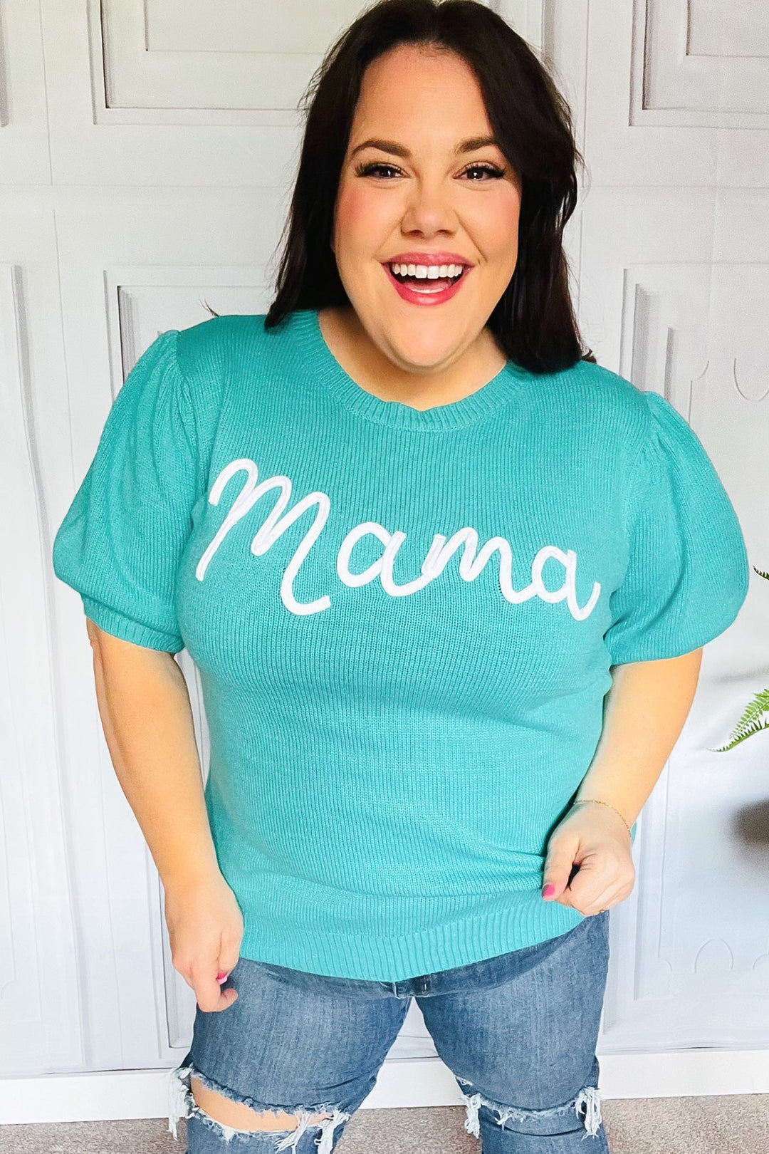 Take A Bow Mint "Mama" Embroidery Pop-Up Puff Sleeve Sweater Top-Inspired by Justeen-Women's Clothing Boutique in Chicago, Illinois