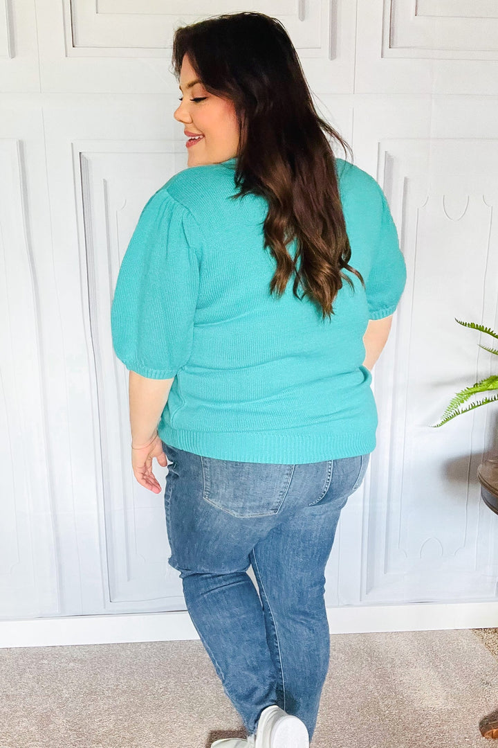 Take A Bow Mint "Mama" Embroidery Pop-Up Puff Sleeve Sweater Top-Inspired by Justeen-Women's Clothing Boutique in Chicago, Illinois