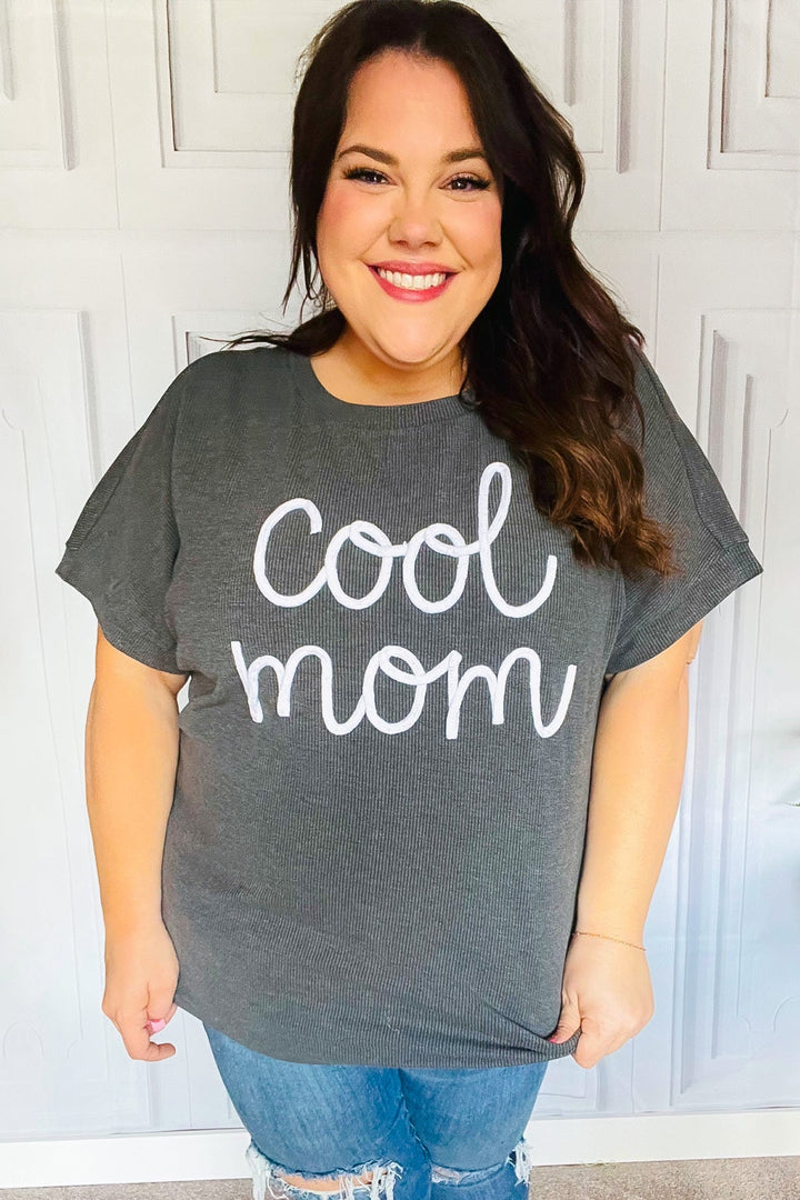 Take A Bow Charcoal "Cool Mom" Embroidery Pop-Up Rib Dolman Top-Inspired by Justeen-Women's Clothing Boutique in Chicago, Illinois