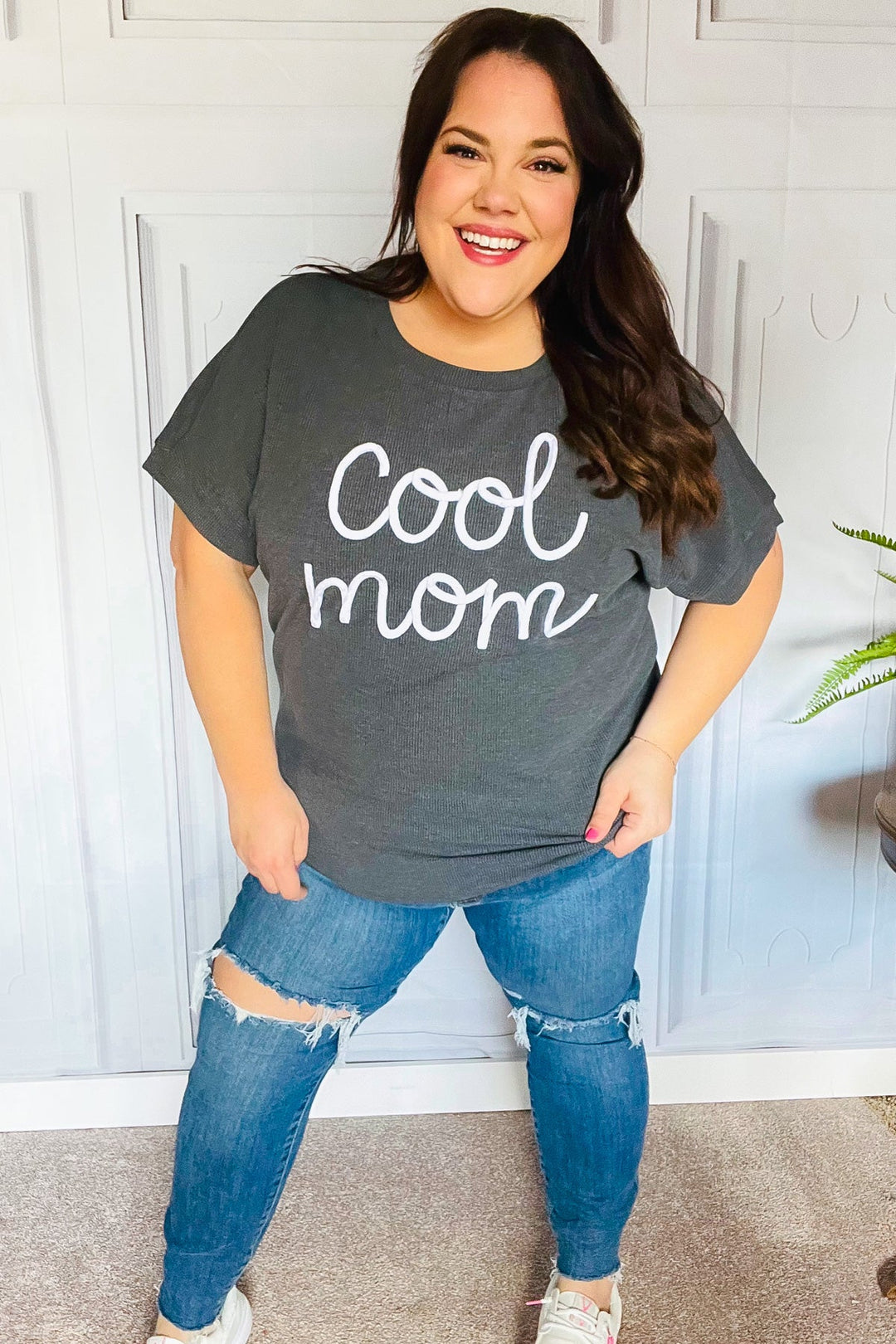 Take A Bow Charcoal "Cool Mom" Embroidery Pop-Up Rib Dolman Top-Inspired by Justeen-Women's Clothing Boutique in Chicago, Illinois