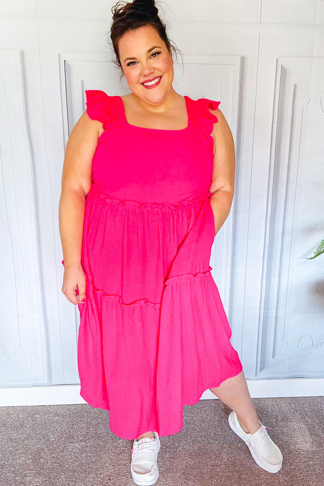 Lots To Love Fuchsia Smocked Flutter Sleeve Tiered Midi Dress-Dresses-Inspired by Justeen-Women's Clothing Boutique in Chicago, Illinois