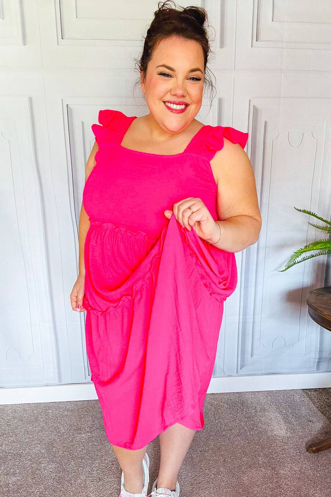 Lots To Love Fuchsia Smocked Flutter Sleeve Tiered Midi Dress-Inspired by Justeen-Women's Clothing Boutique in Chicago, Illinois