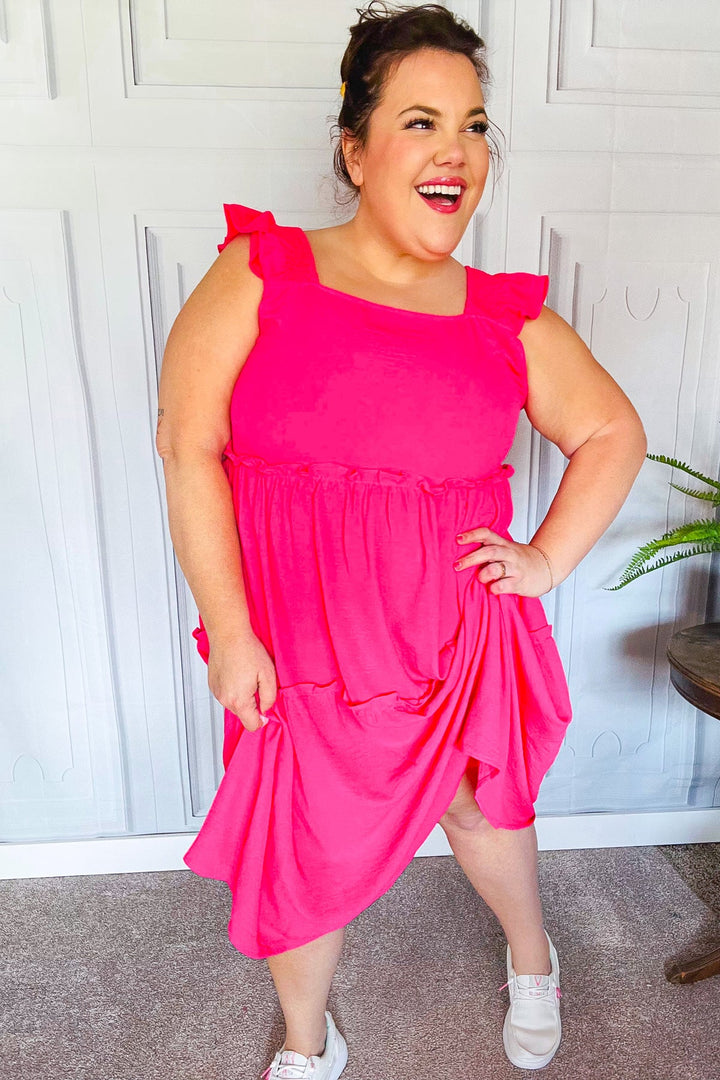 Lots To Love Fuchsia Smocked Flutter Sleeve Tiered Midi Dress-Inspired by Justeen-Women's Clothing Boutique in Chicago, Illinois