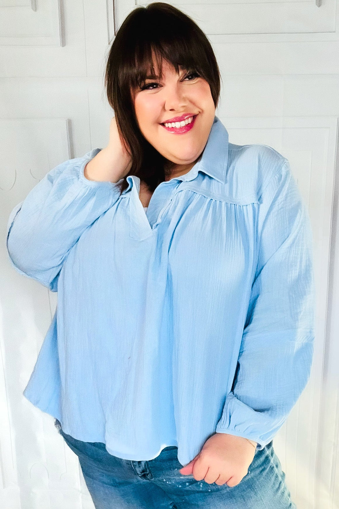 All Of Me Blue Collared Notched Neckline Cotton Top-Inspired by Justeen-Women's Clothing Boutique in Chicago, Illinois