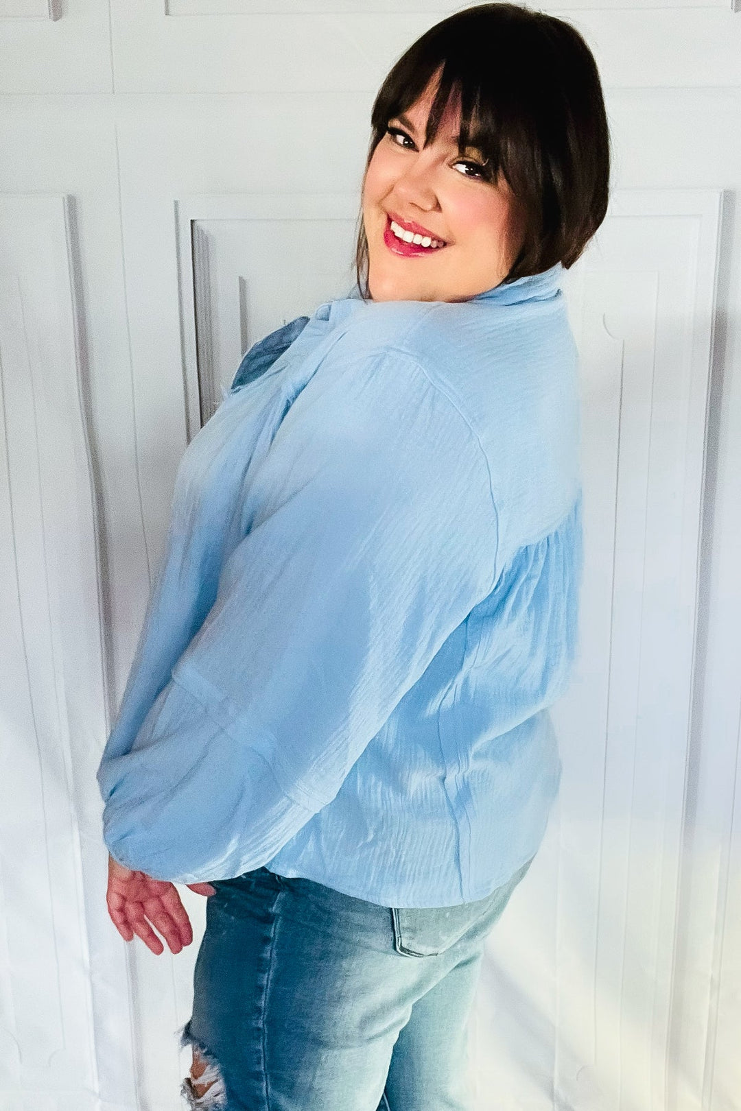 All Of Me Blue Collared Notched Neckline Cotton Top-Inspired by Justeen-Women's Clothing Boutique