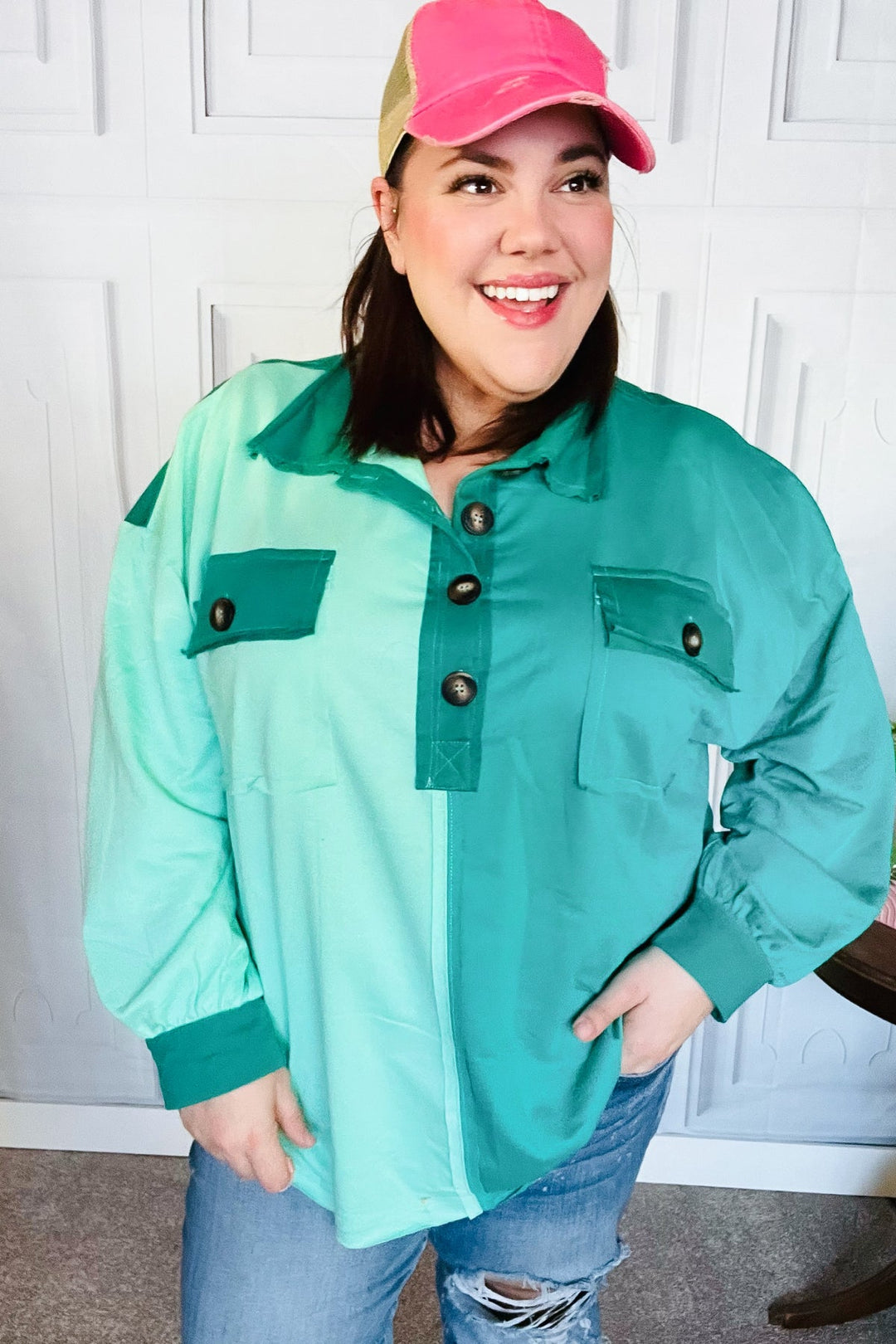 On The Way Up Mint Color Block Button Down Pullover-Inspired by Justeen-Women's Clothing Boutique in Chicago, Illinois