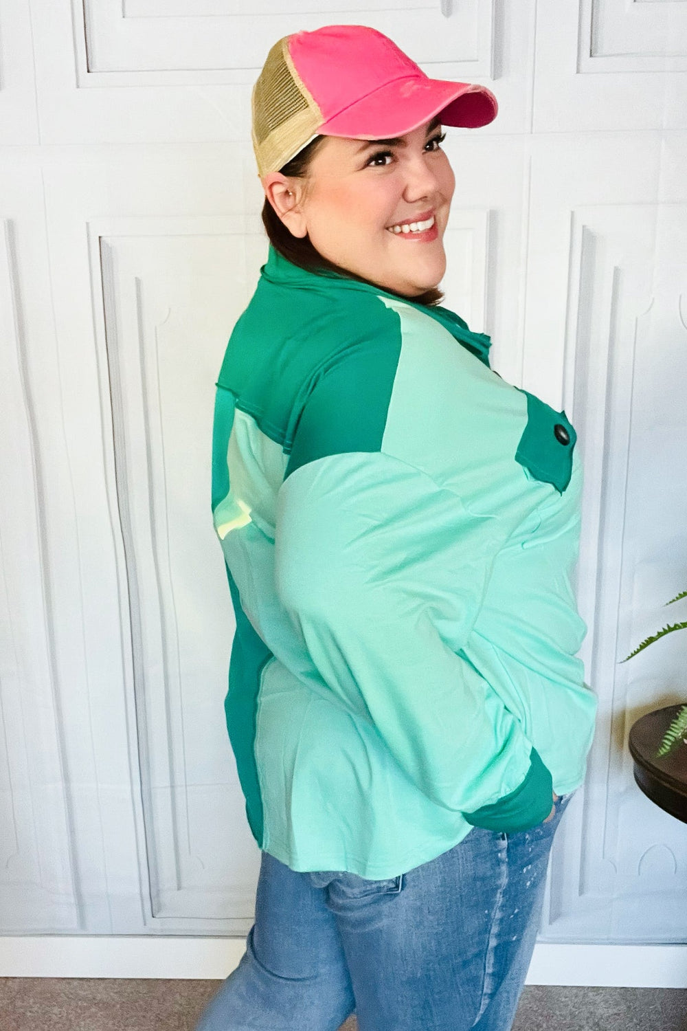 On The Way Up Mint Color Block Button Down Pullover-Inspired by Justeen-Women's Clothing Boutique in Chicago, Illinois