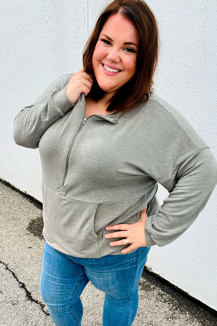 All In A Day Olive Half Zip French Terry Hoodie-Inspired by Justeen-Women's Clothing Boutique in Chicago, Illinois