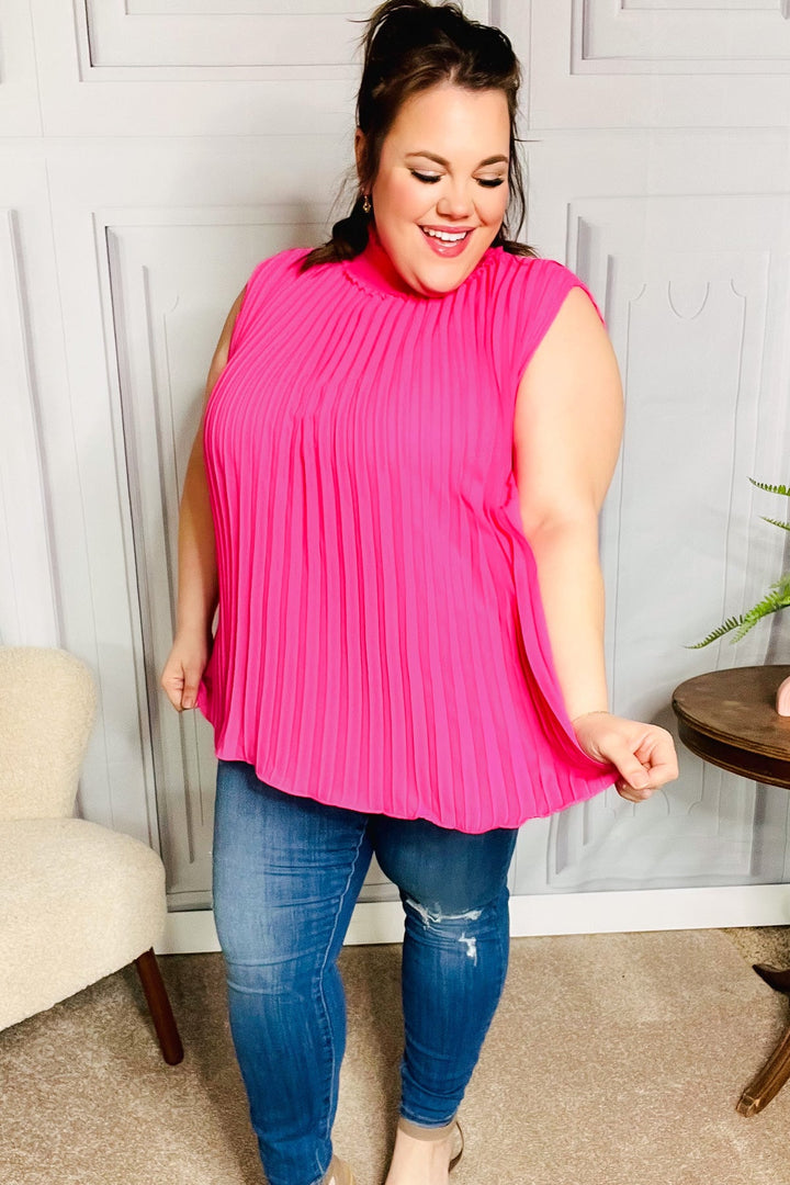 Sweet New Days Fuchsia Smocked Neck Pleated Sleeveless Top-Inspired by Justeen-Women's Clothing Boutique in Chicago, Illinois