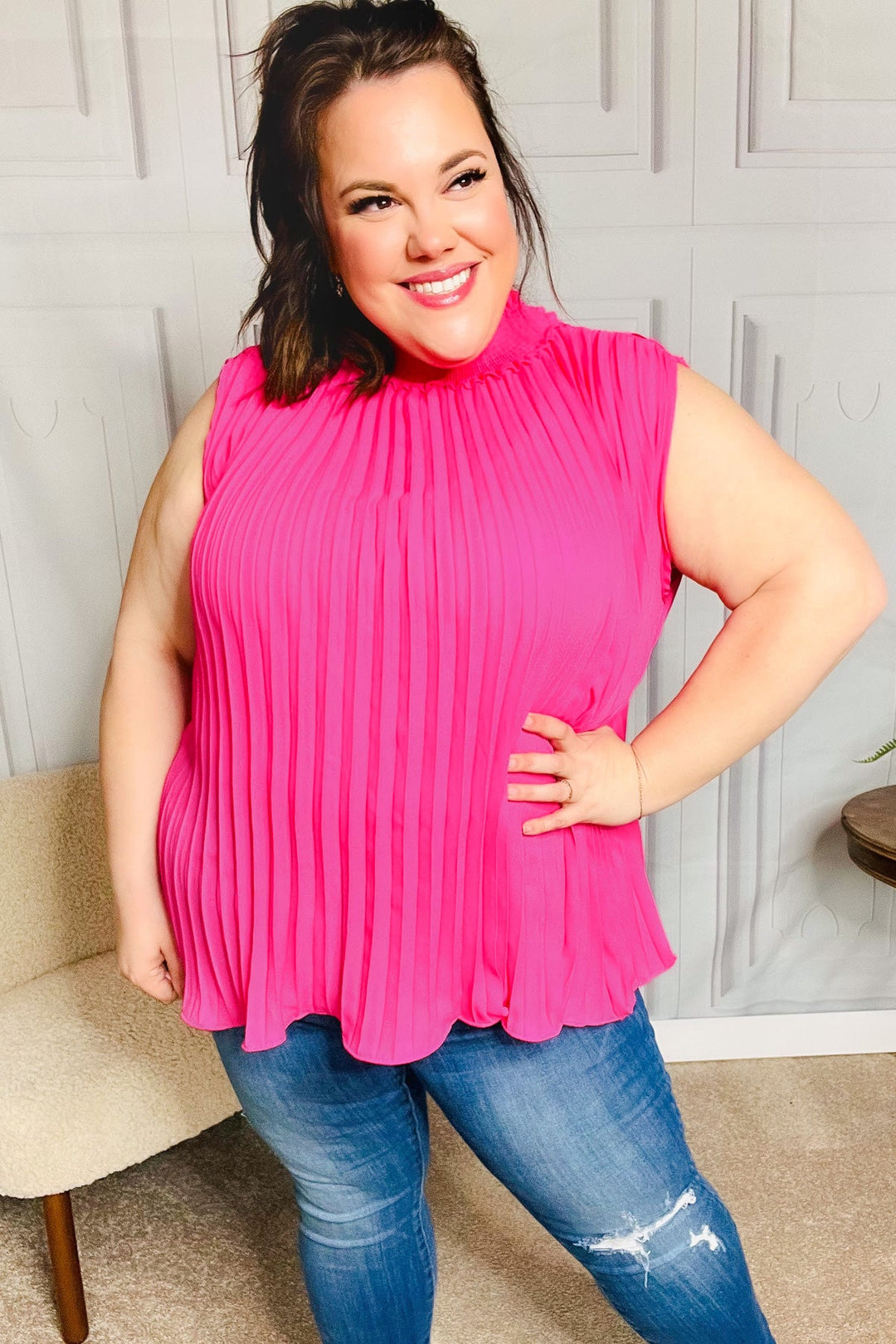 Sweet New Days Fuchsia Smocked Neck Pleated Sleeveless Top-Inspired by Justeen-Women's Clothing Boutique in Chicago, Illinois
