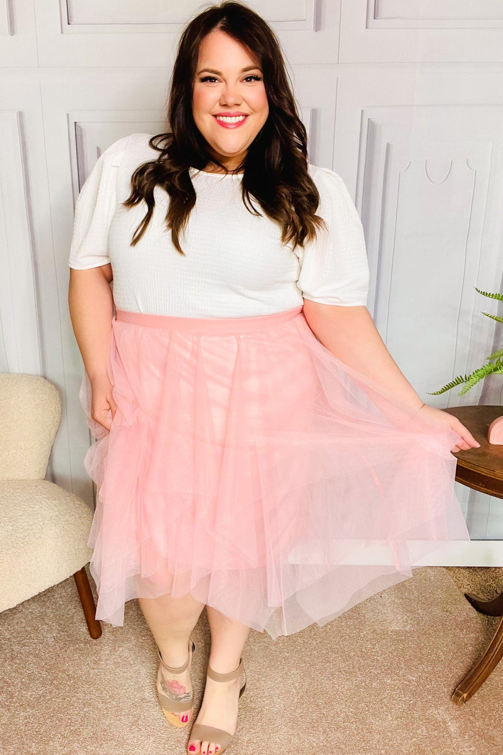 Feeling Femme' Blush Asymmetric Tiered Tulle Midi Skirt-Inspired by Justeen-Women's Clothing Boutique in Chicago, Illinois
