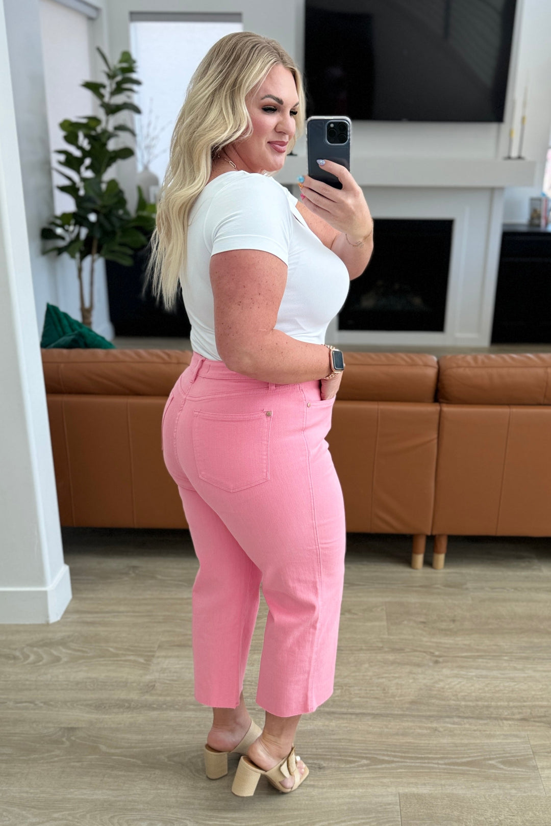 Lisa High Rise Control Top Wide Leg Crop Jeans in Pink-Denim-Inspired by Justeen-Women's Clothing Boutique in Chicago, Illinois