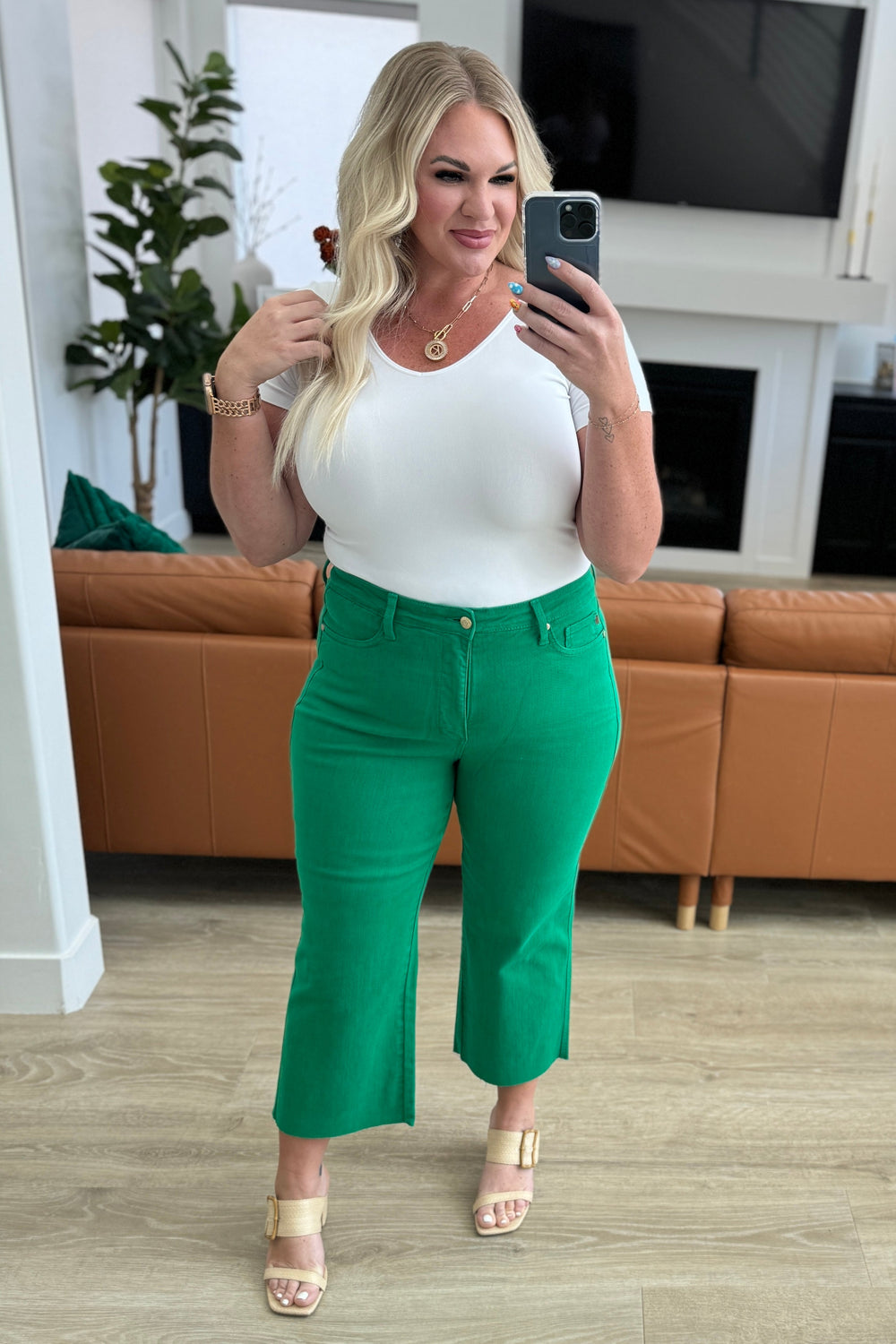 Lisa High Rise Control Top Wide Leg Crop Jeans in Kelly Green-Denim-Inspired by Justeen-Women's Clothing Boutique in Chicago, Illinois