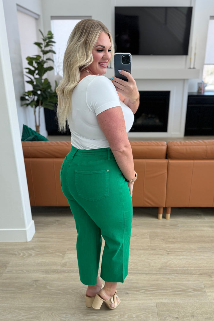 Lisa High Rise Control Top Wide Leg Crop Jeans in Kelly Green-Denim-Inspired by Justeen-Women's Clothing Boutique in Chicago, Illinois