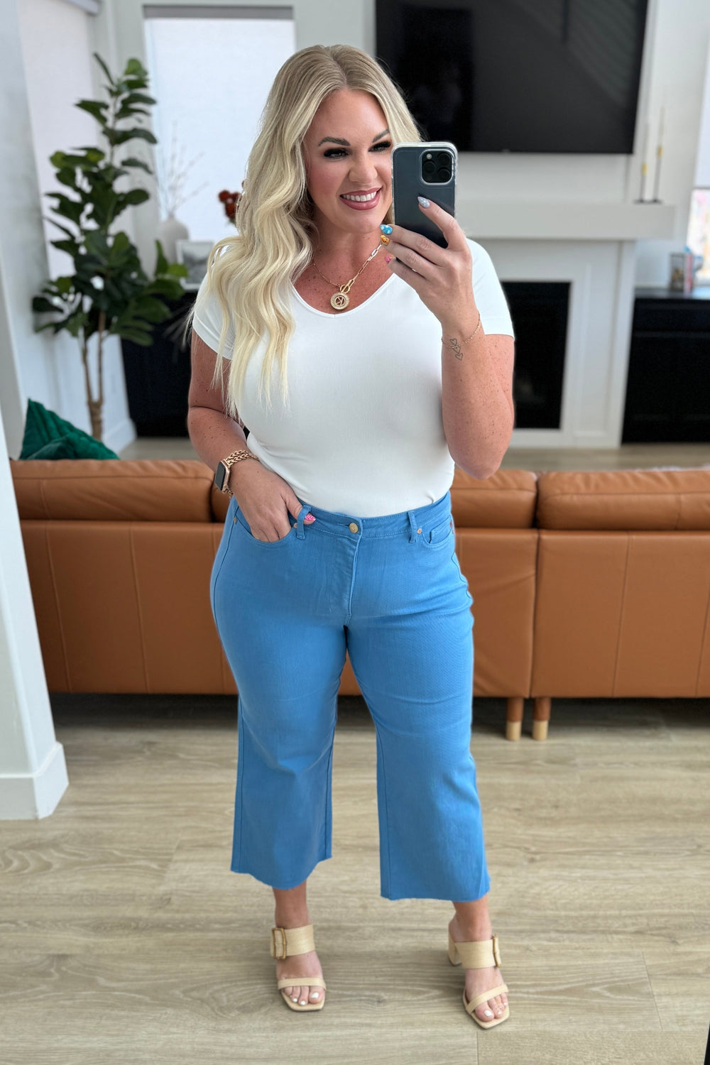 Lisa High Rise Control Top Wide Leg Crop Jeans in Sky Blue-Denim-Inspired by Justeen-Women's Clothing Boutique in Chicago, Illinois