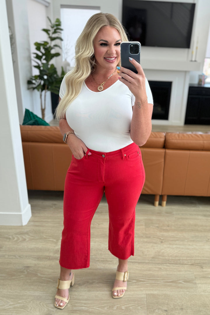 Lisa High Rise Control Top Wide Leg Crop Jeans in Red-Denim-Inspired by Justeen-Women's Clothing Boutique