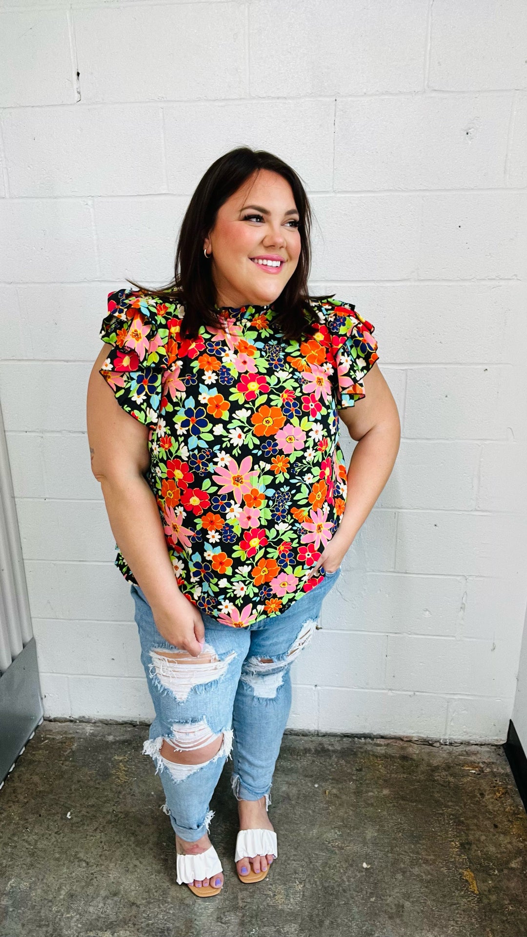 Vibrant Multicolor Floral Mock Neck Flutter Sleeve Top-Inspired by Justeen-Women's Clothing Boutique in Chicago, Illinois