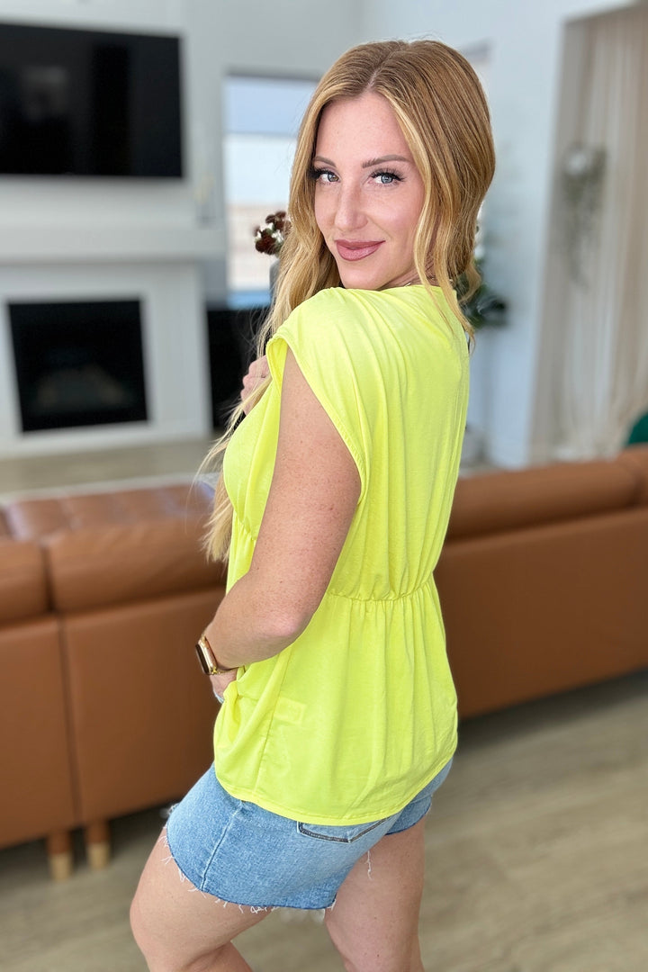 Rhea Peplum Top in Neon Yellow-Short Sleeve Tops-Inspired by Justeen-Women's Clothing Boutique in Chicago, Illinois