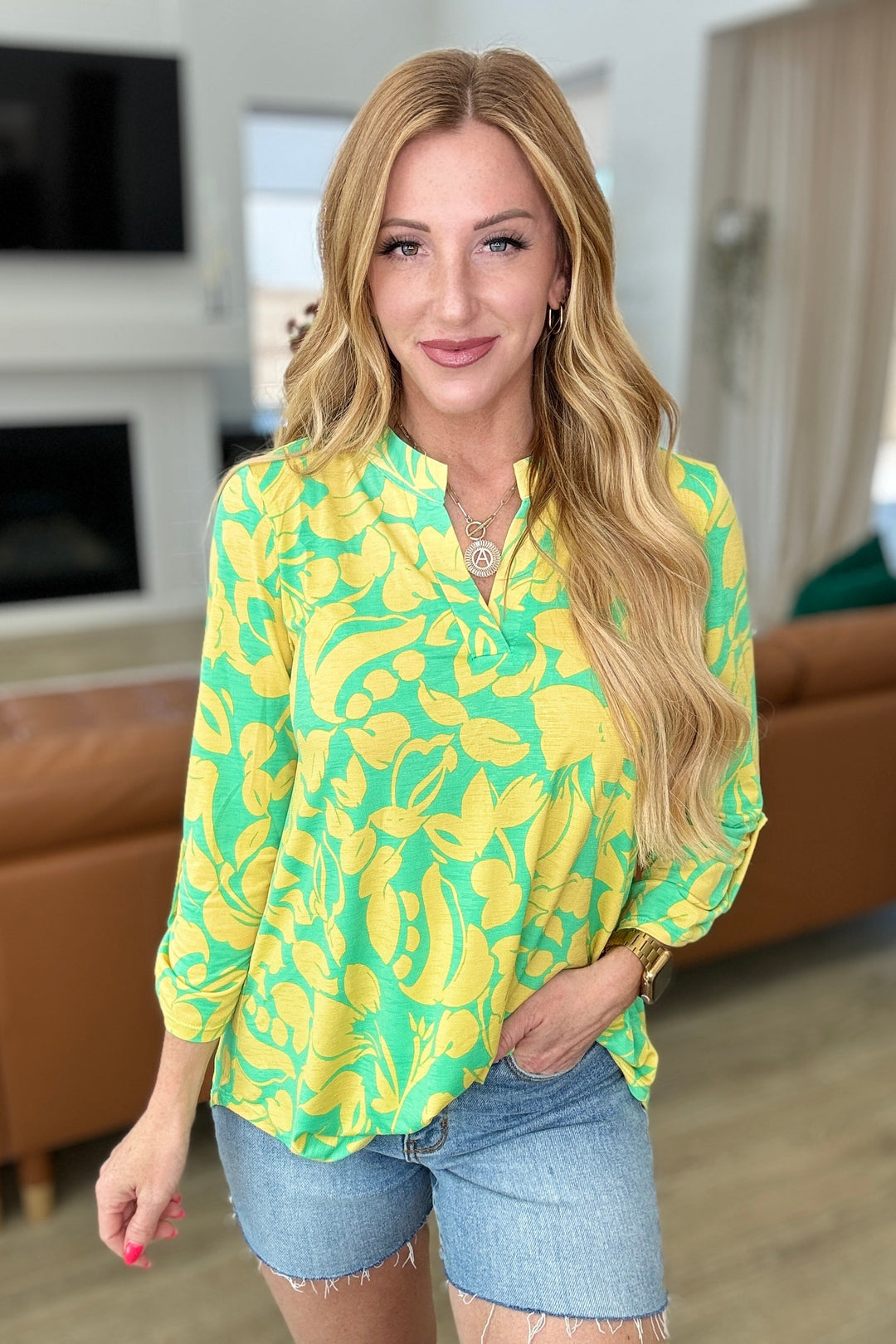 Lizzy Top in Kelly Green and Yellow Floral-Short Sleeve Tops-Inspired by Justeen-Women's Clothing Boutique in Chicago, Illinois
