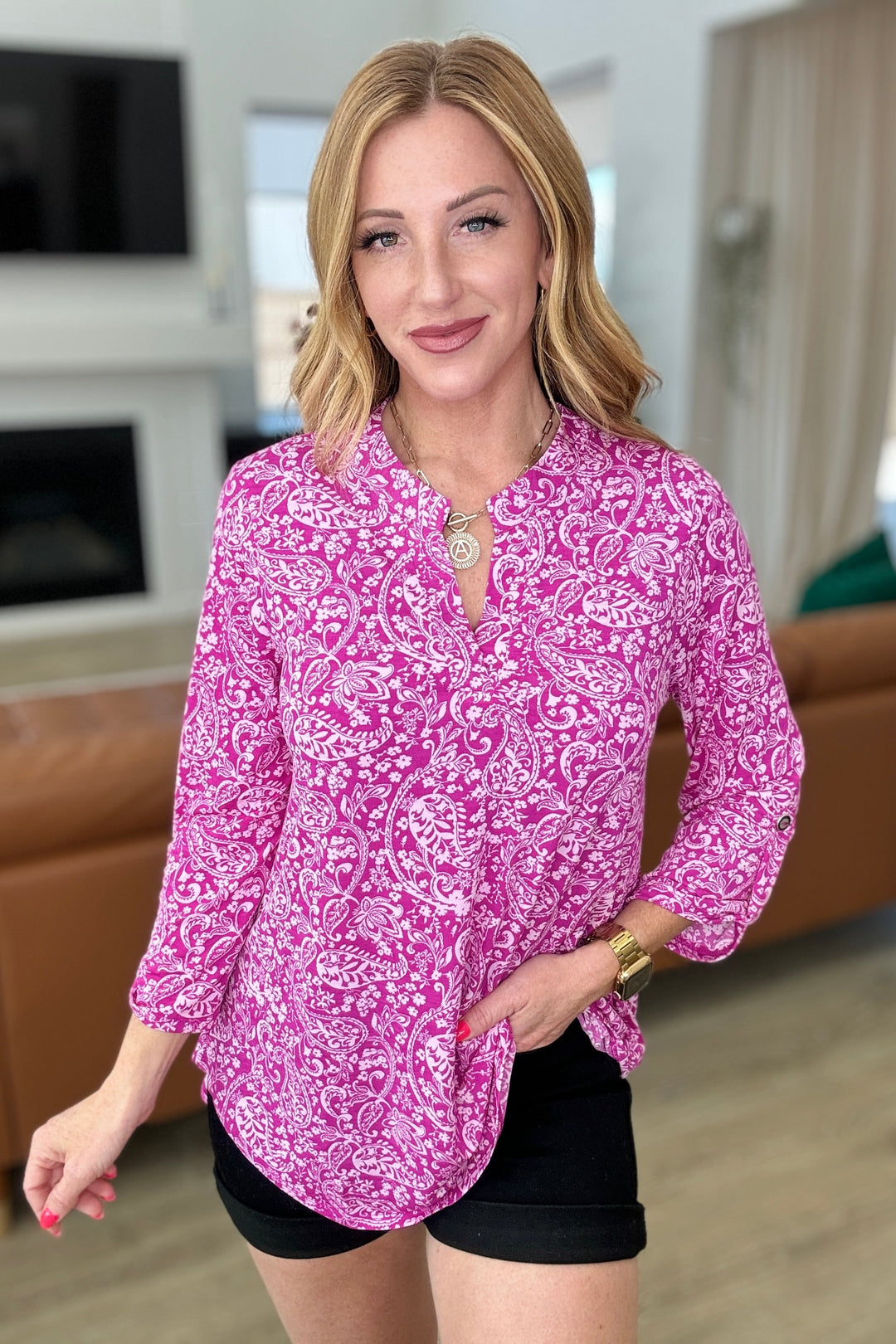 Lizzy Top in Magenta and White Paisley-Short Sleeve Tops-Inspired by Justeen-Women's Clothing Boutique in Chicago, Illinois