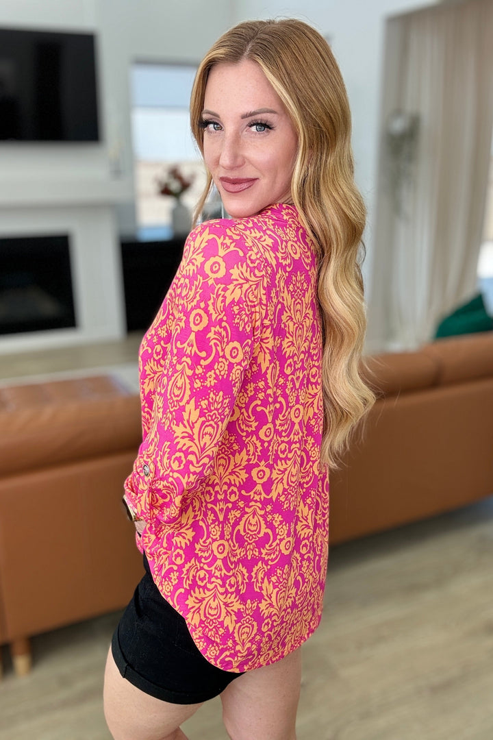 Lizzy Top in Hot Pink and Tangerine Damask-Short Sleeve Tops-Inspired by Justeen-Women's Clothing Boutique in Chicago, Illinois