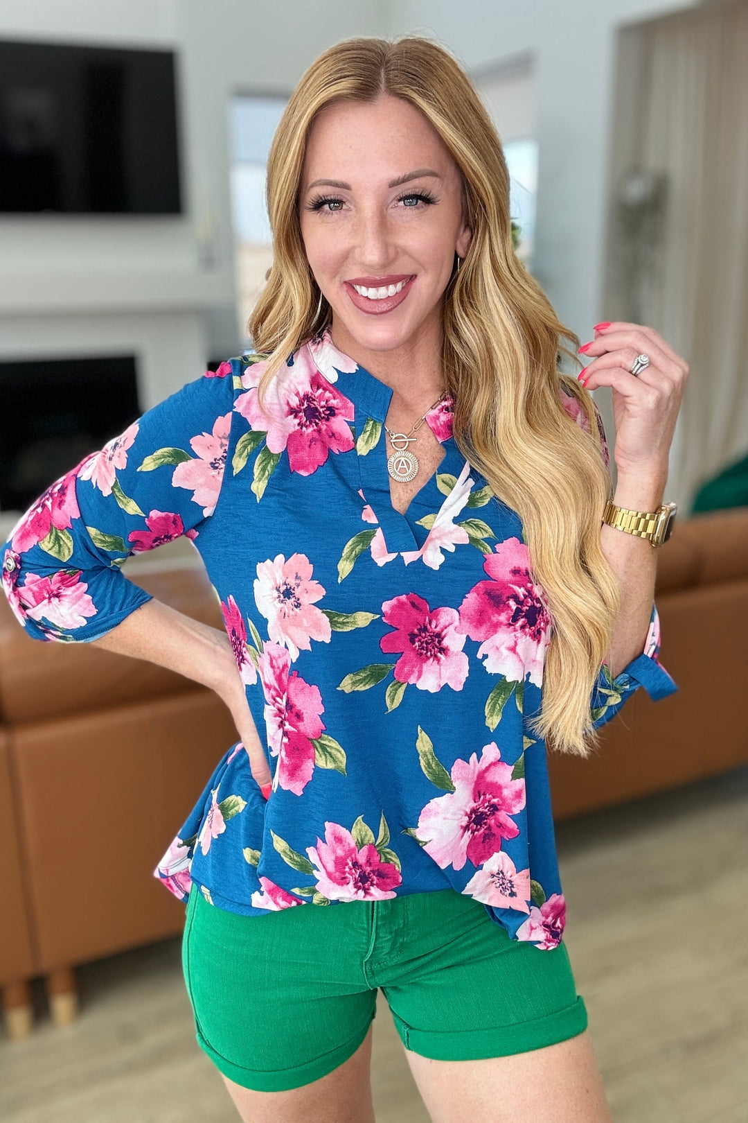 Lizzy Top in Teal and Magenta Floral-Short Sleeve Tops-Inspired by Justeen-Women's Clothing Boutique in Chicago, Illinois