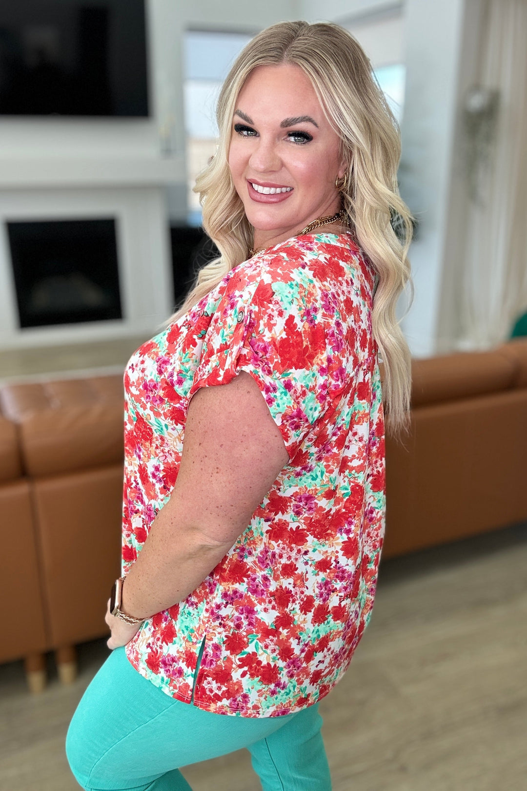 Lizzy Cap Sleeve Top in Ivory and Coral Floral-Short Sleeve Tops-Inspired by Justeen-Women's Clothing Boutique in Chicago, Illinois