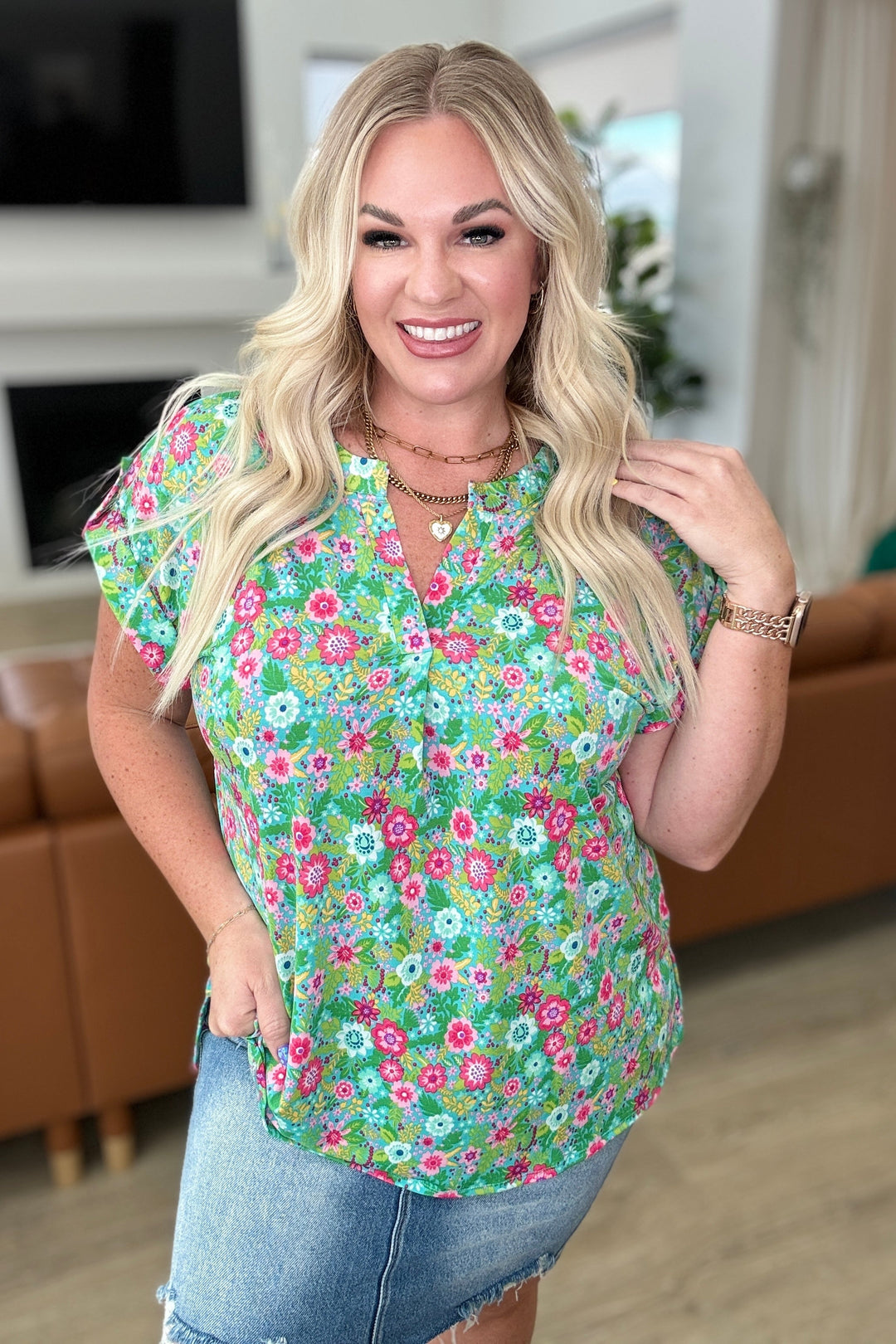 Lizzy Cap Sleeve Top in Emerald Spring Floral-Short Sleeve Tops-Inspired by Justeen-Women's Clothing Boutique in Chicago, Illinois