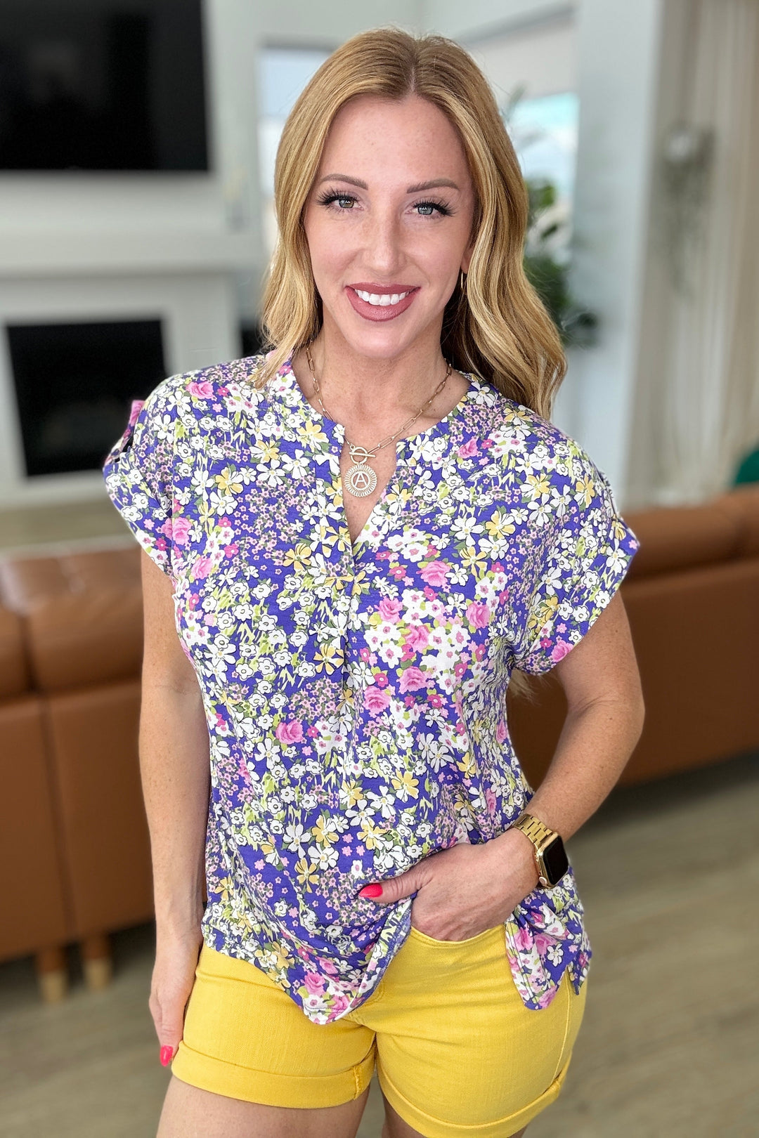 Lizzy Cap Sleeve Top in Lavender and Lime Ditsy Floral-Short Sleeve Tops-Inspired by Justeen-Women's Clothing Boutique in Chicago, Illinois