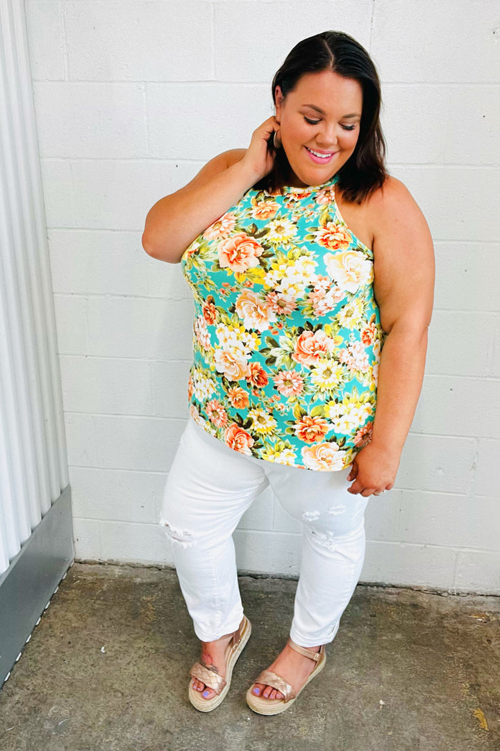 Seafoam Green Floral Halter Neck Tank Top-Inspired by Justeen-Women's Clothing Boutique in Chicago, Illinois