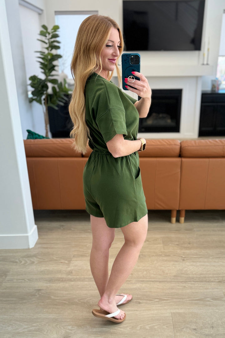 Short Sleeve V-Neck Romper in Army Green-Jumpsuits & Rompers-Inspired by Justeen-Women's Clothing Boutique in Chicago, Illinois