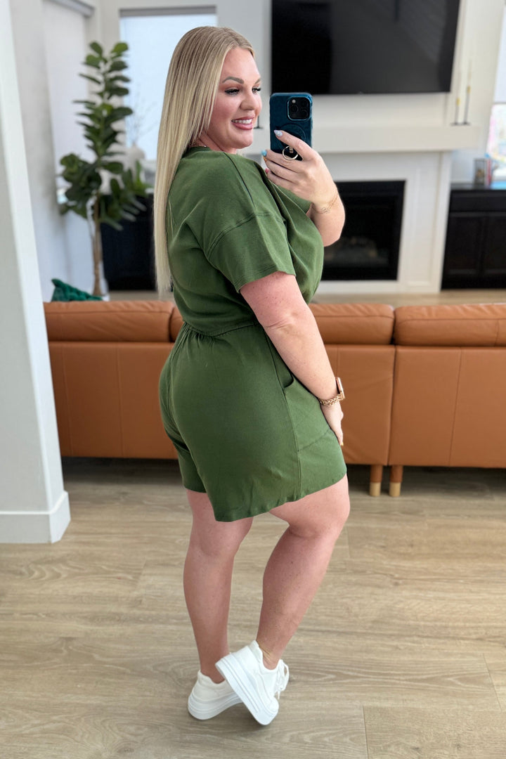 Short Sleeve V-Neck Romper in Army Green-Jumpsuits & Rompers-Inspired by Justeen-Women's Clothing Boutique in Chicago, Illinois