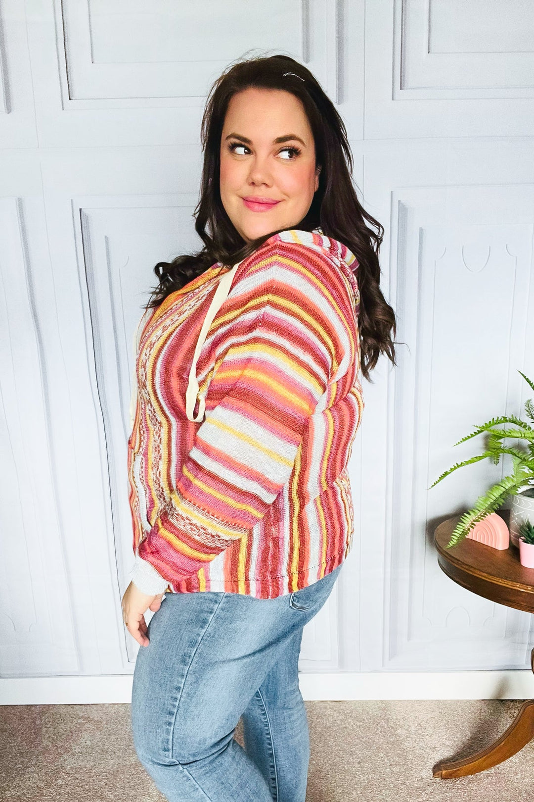 Be Bold Coral & Sienna Stripe Pullover Notched Neck Hoodie-Inspired by Justeen-Women's Clothing Boutique