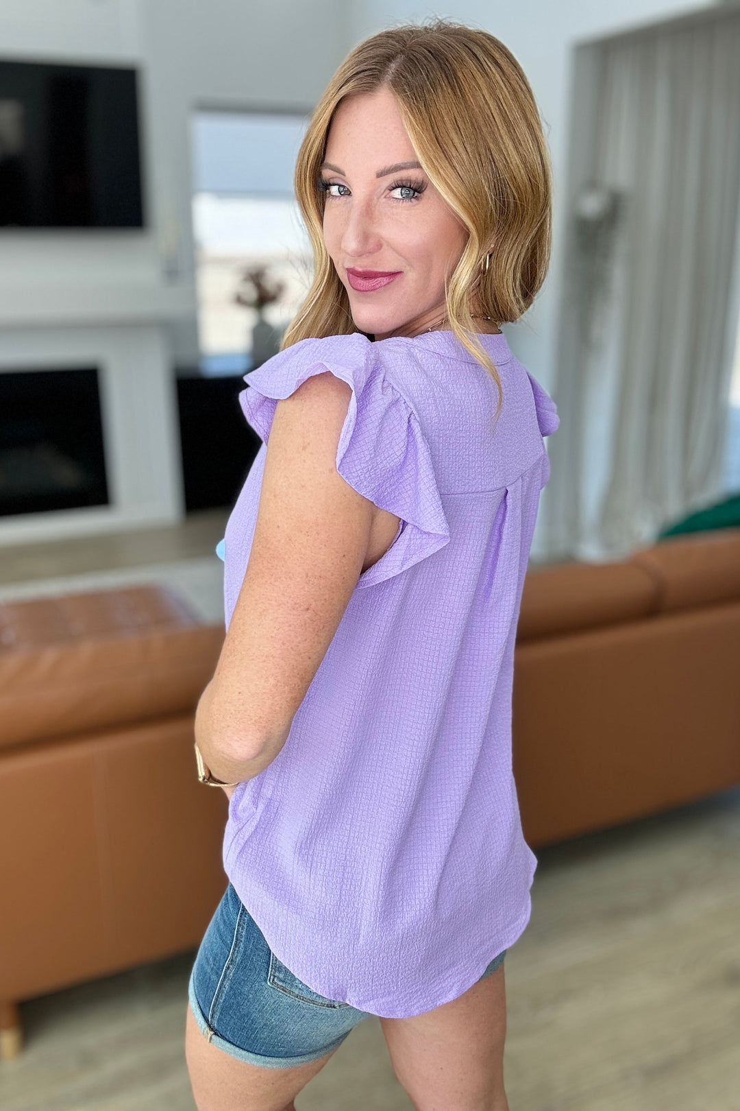 Crinkle Split Neckline Flutter Sleeve Top in Lavender-100 Short Sleeve Tops-Inspired by Justeen-Women's Clothing Boutique in Chicago, Illinois
