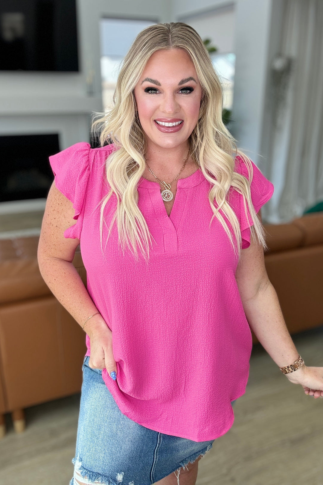 Crinkle Split Neckline Flutter Sleeve Top in Hot Pink-100 Short Sleeve Tops-Inspired by Justeen-Women's Clothing Boutique in Chicago, Illinois