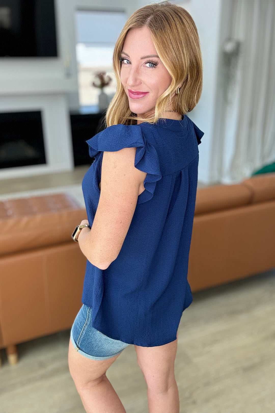 Crinkle Split Neckline Flutter Sleeve Top in Navy-100 Short Sleeve Tops-Inspired by Justeen-Women's Clothing Boutique in Chicago, Illinois